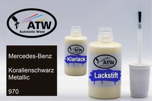 Mercedes-Benz, Korallenschwarz Metallic, 970: 20ml Lackstift + 20ml Klarlack - Set, von ATW Autoteile West.